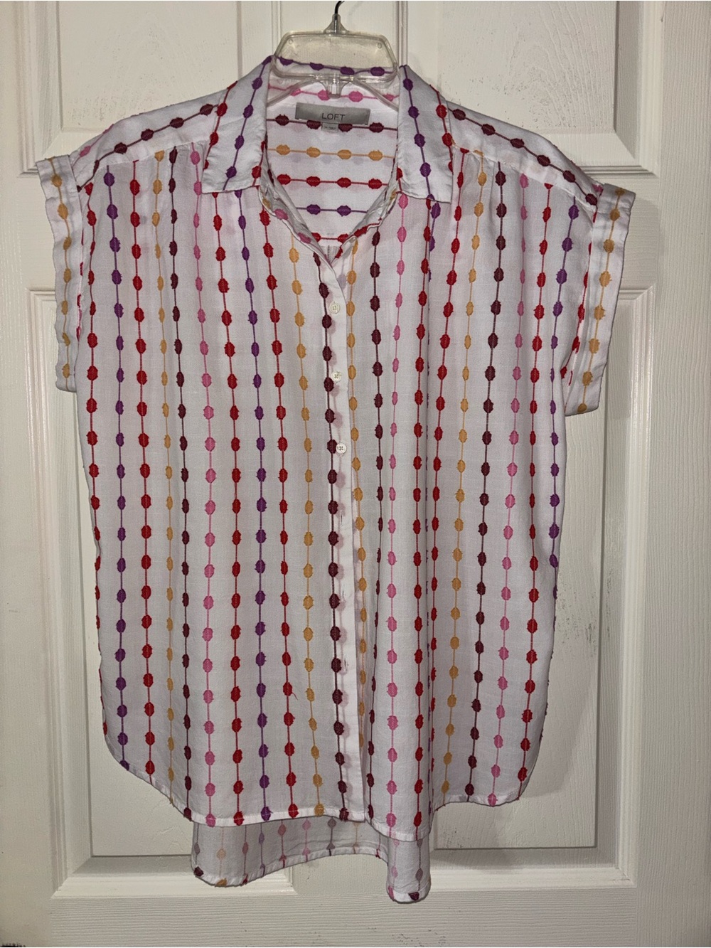 LOFT White Button-Front Cap-Sleeve Blouse with Multicolor Dot Stripes